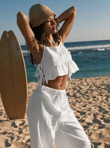 Easelle 2 pezzi/Set Donna Canotta senza schienale annodata e pantaloni lunghi tinta unita, Outfit casual vacanza Ibiza