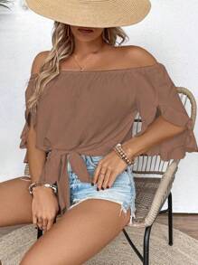 SHEIN LUNE Plus Size Casual Solid Color Off Shoulder Tie Front Blouse - Coffee Brown - View 3