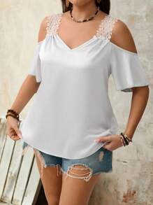 SHEIN LUNE Camicia a scollo a V con pizzo applicato e spalle scoperte per taglie forti, stile elegante adatto per lavoro e uso all'aperto, top estivo