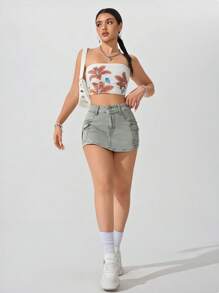 SHEIN EZwear Women's Utility Pocket Front Panel Casual Versatile Denim Skort - Olive Green - View 3