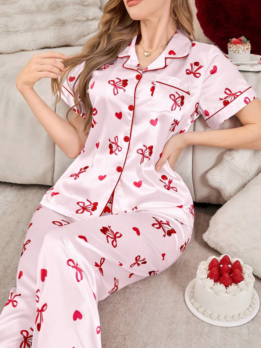 蝴蝶结和樱桃印花翻领开衫女士睡衣套装，女士睡衣 - 淺粉色 - 查看 1