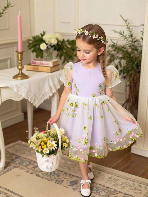Souflis Souflis Young Girl' Embroidered Cute Short Sleeve Dress With Puffy Net Tulle Skirt, Fashionable For Spring/Summer
