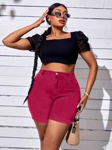 SHEIN SXY Damen Große Größen Denimshorts mit umgeschlagenem Saum, vielseitig einsetzbar, mit Taschen - Pink - Übersicht 1