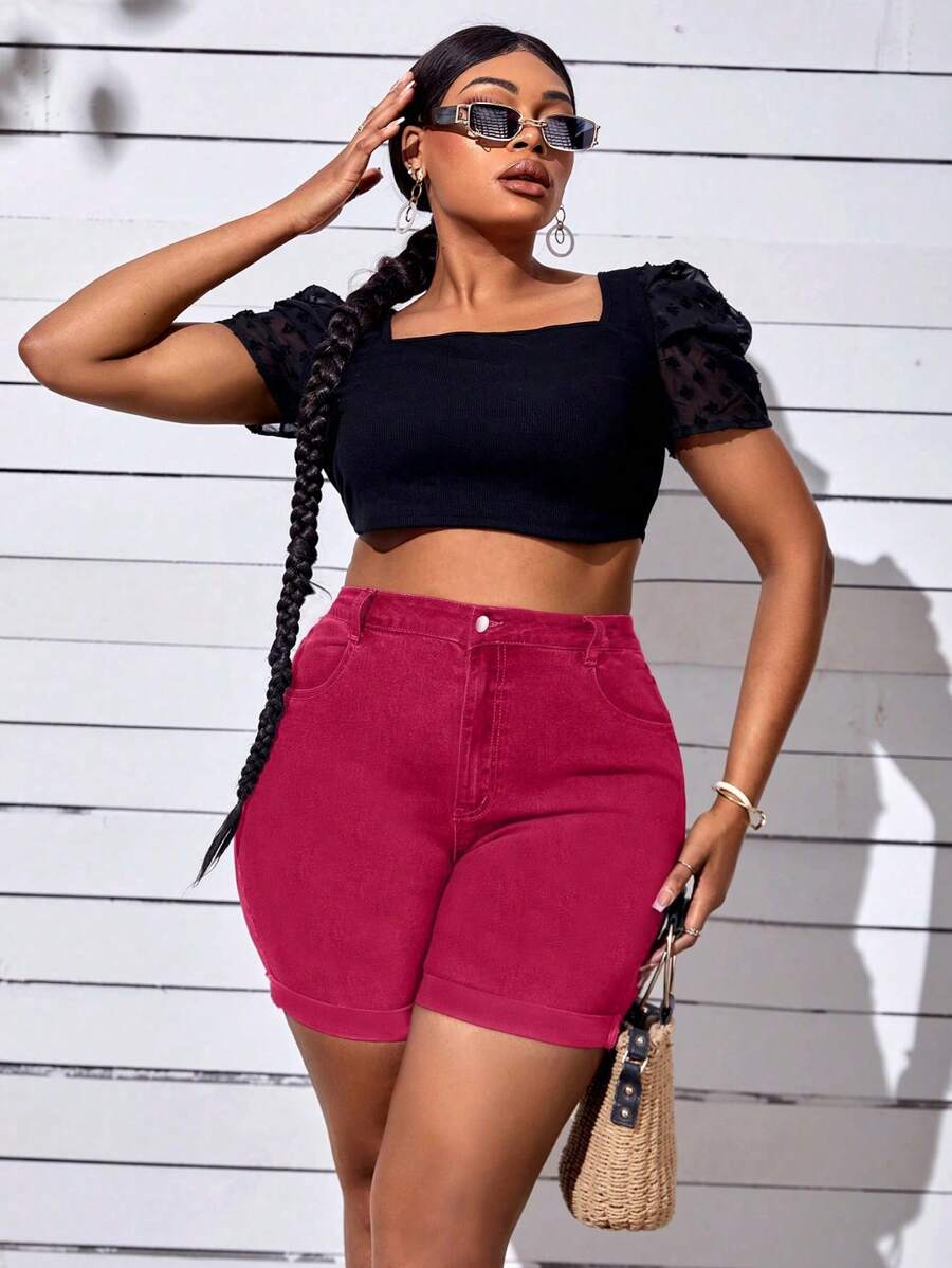 SHEIN SXY Damen Große Größen Denimshorts mit umgeschlagenem Saum, vielseitig einsetzbar, mit Taschen - Pink - Übersicht 1