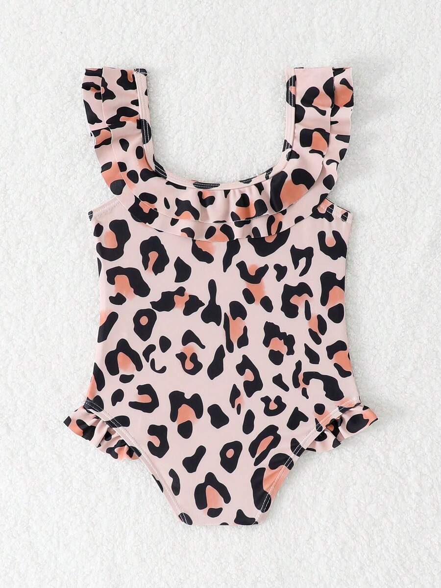 Baby Girls' Cute Leopard Print Print Ruffle Trim One-Piece Swimsuit - Multicolor - View 1