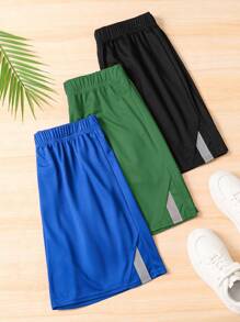 SHEIN Set de 3 pantalones cortos informales de parchwork con cintas reflectantes para adolescentes varones, en colores negro/gris/azul, para ropa deportiva y de estar en casa