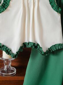 SHEIN 2pcs/Set Girl Frill Trim Round Neck Sleeveless Top And Wide Leg Pants Casual Outfit - Dark Green - View 5