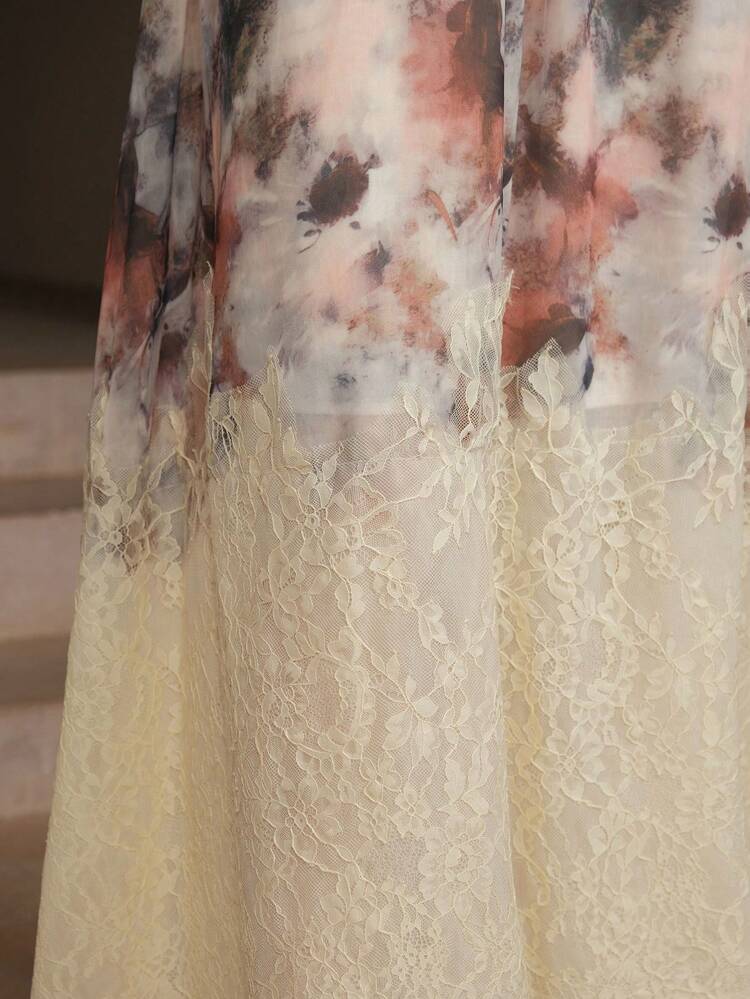 Saia Evasê de Chiffon com Estampa de Renda, Primavera/Verão para Mulheres