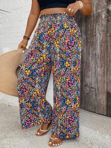 SHEIN VCAY Pantalones informales de pierna ancha con estampado floral pequeño, en talla grande, apropiados para vacaciones