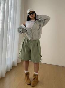 POPSWAY Quần Cargo ống rộng cỡ lớn cho nữ, quần Cargo rộng rãi phong cách đường phố - màu xanh lá - Xem 3