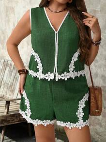 SHEIN Clasi 2pcs Plus Size Women Set - Lace Patchwork Cardigan Top + Loose Shorts, Office, Casual - Green - View 1