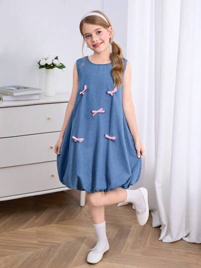 Tween Girls' Casual Cute Washed Soft Loose Smock Dress, Comfortable & Fashionable For Vacation, Lightweight For Summer