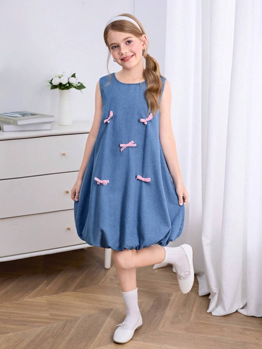 Tween Girls' Casual Cute Washed Soft Loose Smock Dress, Comfortable & Fashionable For Vacation, Lightweight For Summer - Medium Wash - View 1