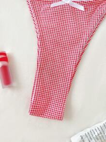 Swim Mod Cute Gingham Tied Bikini Bottom For Summer Beach Vacation - Red and White - View 4