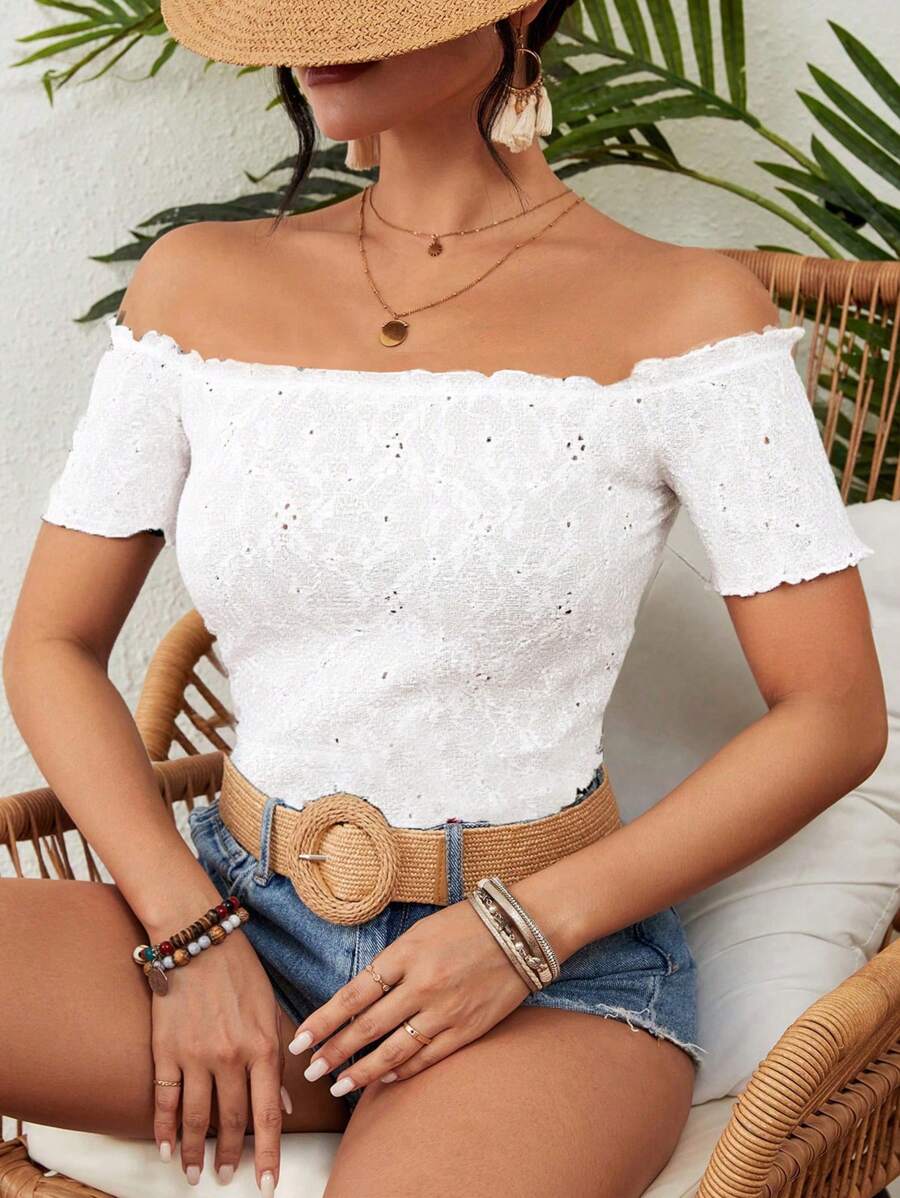SHEIN VCAY Plus Size Casual Solid Off Shoulder Textured T-Shirt - White - View 1