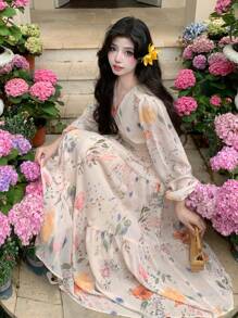 DAZY Vestido de manga farol con cuello en V y estampado floral diminuto, estilo resort, vestido de manga larga para otoño