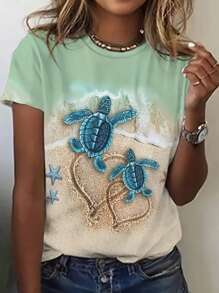 女式圆领短袖扎染印花海龟和夏威夷花朵图案休闲运动衫，春夏