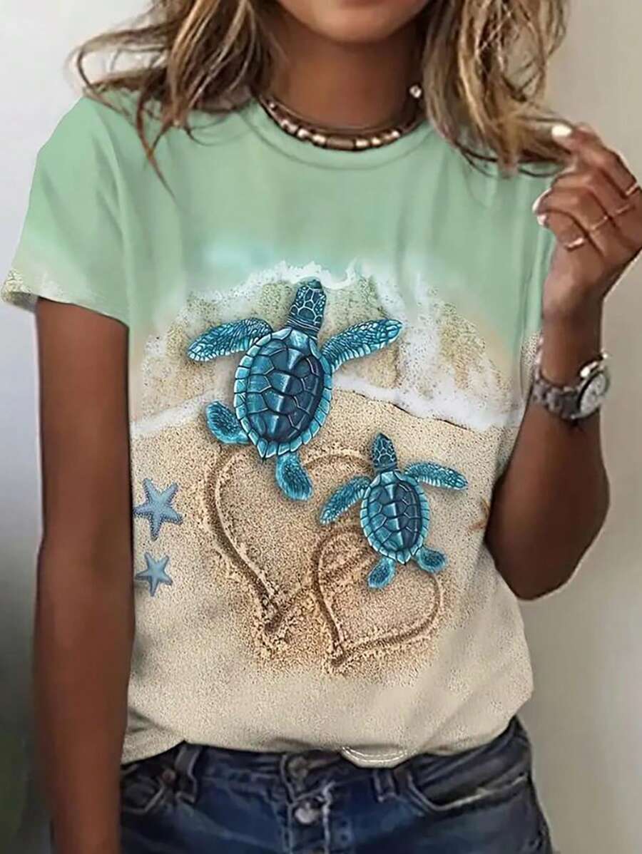 女式圆领短袖扎染印花海龟和夏威夷花朵图案休闲运动衫，春夏