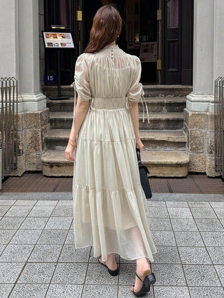 FRIFUL 女士奶油黄色拼色半高领腰部褶皱泡泡袖拼接优雅长裙，适合暑假、音乐节、毕业典礼 - 白色 - 查看 1