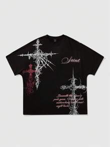 ROMWE MEN Goth Camiseta de manga corta con estampado de alas de murciélago para hombres, ropa casual para primavera y verano