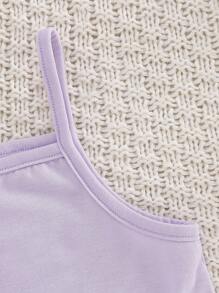 SHEIN Playful Pals Conjunto de 3 piezas para niñas jóvenes: camisa de manga larga con cuello a cuadros, top de tirantes de unicolor y pantalones cortos de mezclilla de cintura alta y elástica. Conjunto informal deportivo, suelto y cómodo, versátil para el verano. - Multicolor - Ver 4