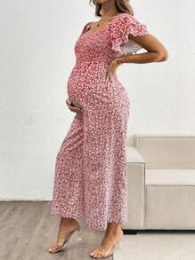 SHEIN Maternity Ditsy Floral Shirred Ruffle Short Sleeve Jumpsuit - Pink - View 6