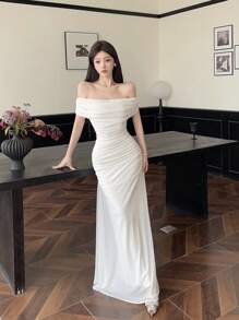 Modelyn Women's Mesh Off Shoulder Ruched Waist Dress, Elegant For Wedding, Date Night