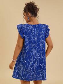 Travachic Váy mini thường ngày in hoa Boho cỡ lớn có tay bồng bềnh, dành cho mùa hè - Xanh đậm - Xem 2