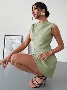 Firerie 女士优雅简约褶皱 A 字迷你连衣裙，浪漫甜美日常通勤婚礼派对音乐节节日装，红色背心短裙 - 薄荷綠 - 查看 5