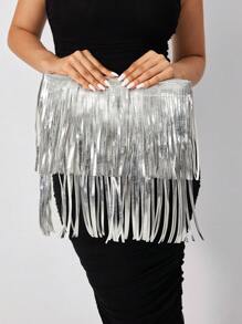 SHEIN SXY 女士时尚前卫银色流苏手拿包 - 銀色 - 查看 7