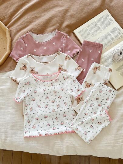 SHEIN LMoss Kids 6pcs/Set Baby Girl Cute Cartoon Bear & Floral Print Ruffle Trim Round Neck Short Sleeve Pants Casual Comfy Knitted Pajamas Set