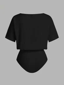 SHEIN LUNE 2pcs Set Casual Minimalist Solid Color Versatile Short Sleeve Bodysuit, Suitable For Spring & Summer Suitable For Going Out,Casual - Multicolor - View 8