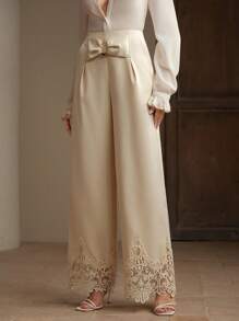 Anewsta Women's Design Waist Cinching High-End Elegant Lace Splice Long Pants - Khaki - View 7