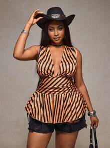 Slaydiva 2025 Spring/Summer New African Vacation Casual Party Floral Print Multi-Color Stripe Cropped V-Neck Tunic Tops, Plus Size