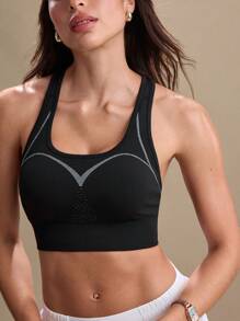SHEIN Dewbera 1 pieza Sujetador deportivo de secado regular, diseño de color en contraste, tirantes ajustables, negro y blanco básico, sin costuras, para yoga/fitness - Multicolor - Ver 4