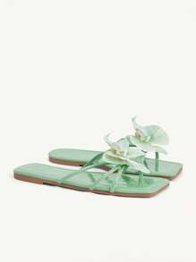 CUCCOO CHICEST Women's Summer New Iris Flower Square Toe Flat Elegant Casual Green Patent Flat Sandals/Slippers/Beach Shoes, Fashion Party Outfit, Beach Resort Style