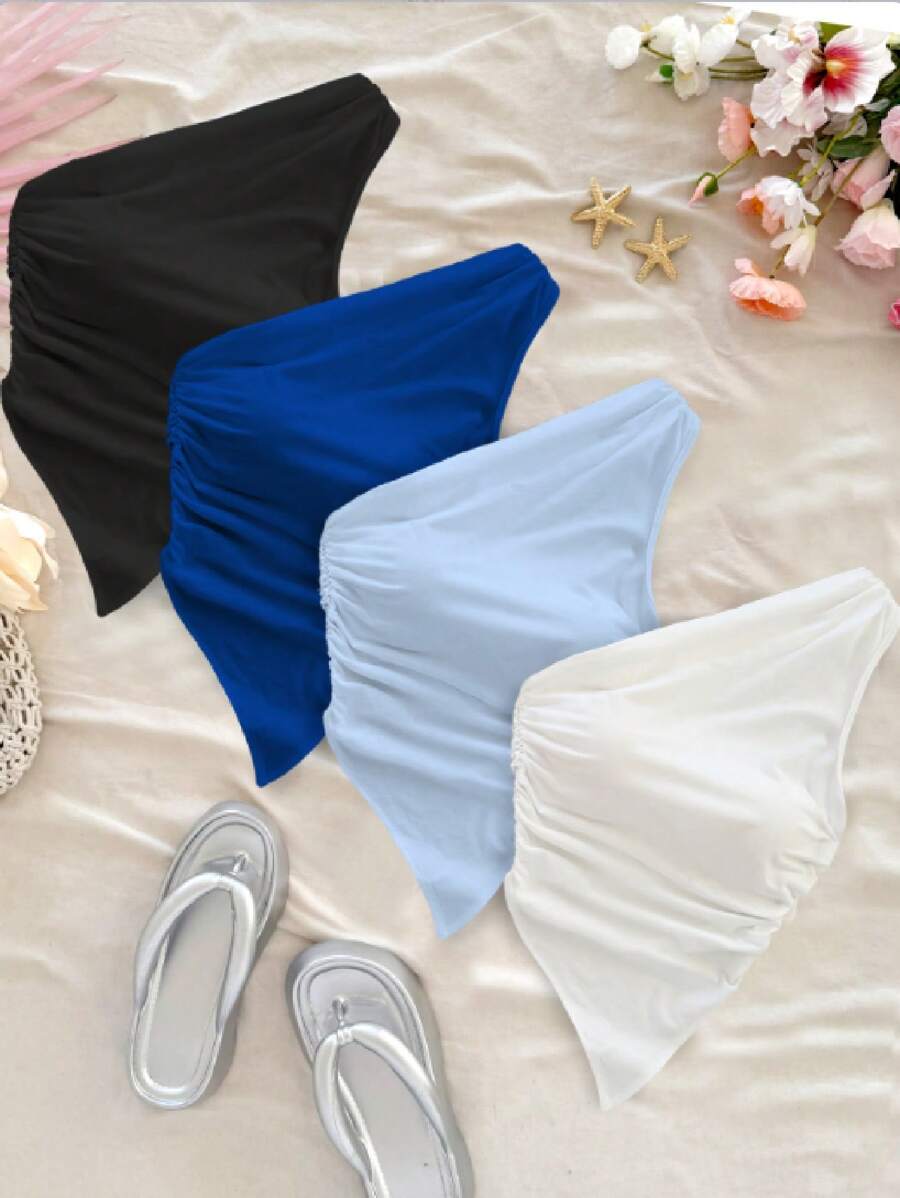 Soleia 4pcs Set Women Casual Solid Color Versatile Sleeveless Asymmetric Shoulder Tops, Suitable For Vacation - Multicolor - View 1