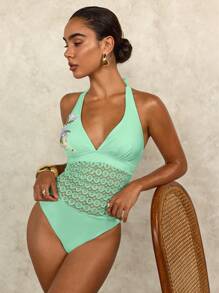 SHEIN Swim Áo bikini ren khoét rỗng thêu hoa màu xanh bạc hà và xanh lam thanh lịch dành cho nữ, phù hợp cho mùa xuân, mùa hè, hàng ngày, kỳ nghỉ bãi biển - Màu xanh Bạc hà - Xem 5