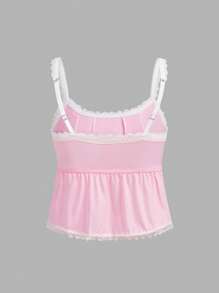 Top camiseta escotada con volantes de encaje floral de satén rosa y dulce para niñas jóvenes - Rosa - Ver 2