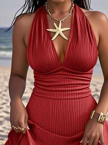 Slaydiva 2025 Summer New Music Festival, Easter, Western, Nomadic, Elegant, Dignified Style Romper For Wedding, Birthday, Graduation, Student Wear, Daily, Casual, Vacation, Cruise, Beach, Sunbathing, Popular Style, Halter Neck, Open Shoulder, Deep V-Neck, Waist Ruched, Double Ruffle Hem, Textured Fabric, Green Women Jumpsuit