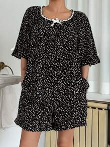DAZY Conjunto de pijama de mujer con estampado floral diminuto y con ribete de encaje