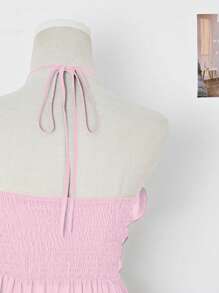 Elamini Ruffled Resin Circle Design Semi-Sheer Boho Halter Top - Pink - View 6