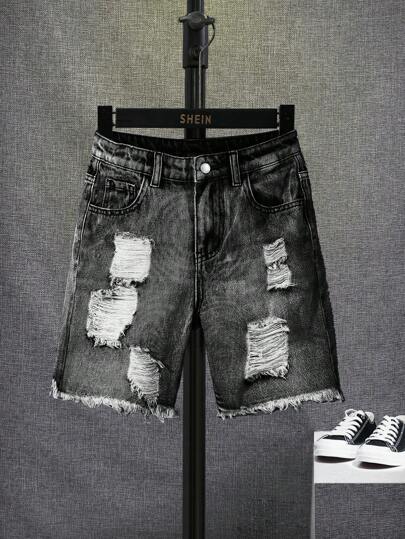 SHEIN Shorts vaqueros casuales con bolsillo, dobladillo deshilachado y desgastados para niño preadolescente, versátiles