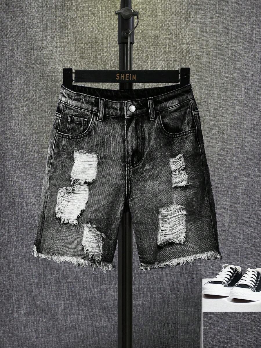 SHEIN Tween Boy Casual Distressed Frayed Hem Pocket Denim Shorts, Versatile Ripped Jean Shorts Kids Black Jean Shorts - Black - View 1