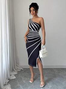 Elenzga Women Striped Asymmetrical Collar Open Slit Bodycon Dress - Black - View 5