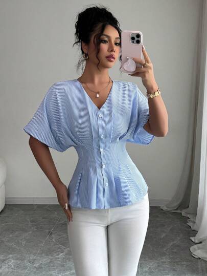 Elenzga Summer Raglan Sleeve Blue & White Striped Slim Fit Beach Shirt