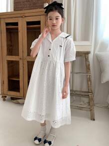 DAZY 女童马球领蝴蝶结刺绣短袖连衣裙，夏季，返校服 - 白色 - 查看 3