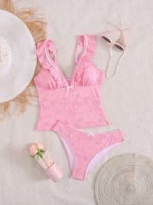 Swim Mod 2pcs Spring New Ribbed Fabric Ruffled Pink Tankini Set, Vacation Leisure Tankini For Summer - Pink - View 6