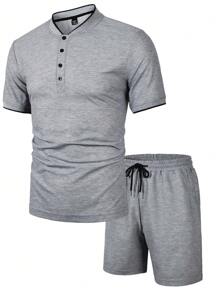 Manfinity Homme Men Short Sleeve Casual Polo Shirt & Solid Color Shorts Set, Fashionable For Summer Two Pieces Outfit For Men Casual Two Pieces Set Men - Grey - View 7