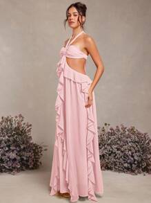 L'Amorae Spring Summer Elegant Rosette Halter Neck Ruffle Maxi Dress - Pink - View 3